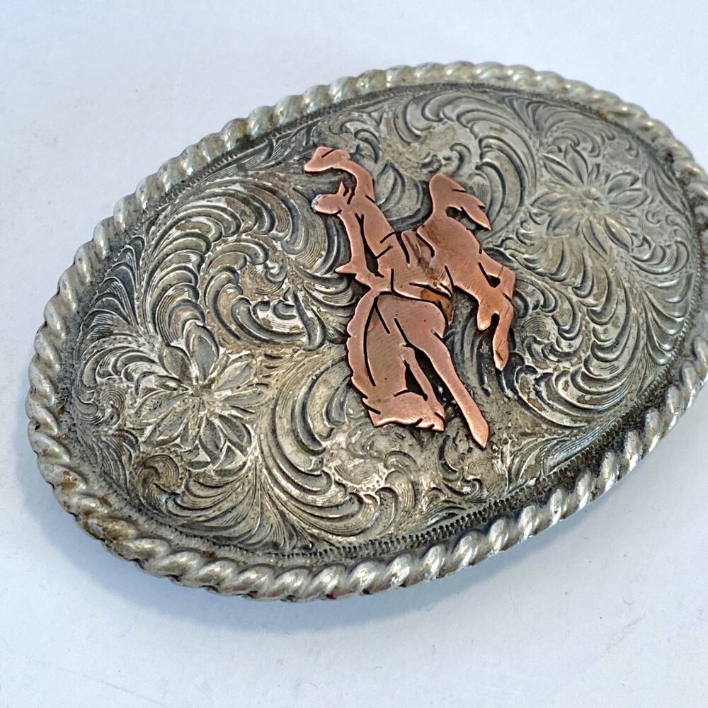Rodeo Rider Colorado Silver Star Bucking Bronco USA Pewter Copper Belt Buckle - Picture 2 of 8